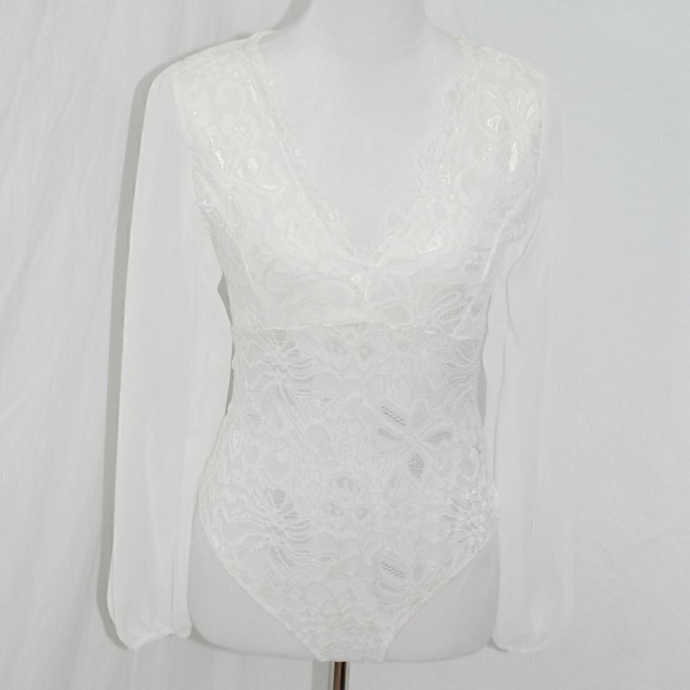 NWT Chocolate Nanamacs Clothing Co. Sexy Off White Lace Sheer Bodysuit Onesie
